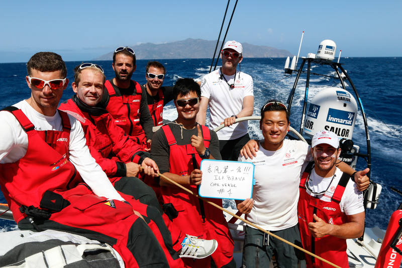 Dongfeng, leader of leg 1 of the Volvo Ocean Race, in front of Ilha Brava, Cape Verde.